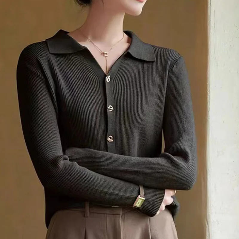 Sweter damski z dzianiny, kardigan, nowy, długi rękaw, kołnierzyk wykładany, sweter z dzianiny, kardigan damski, topy, odzież dzianinowa, odzież damska Q1155