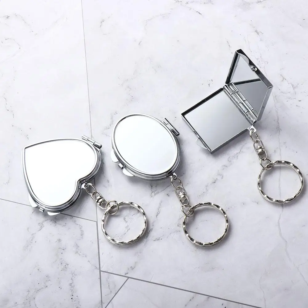 Makeup Mirror Folding Mirror Key Chain Metal Double Sides Makeup Cosmetic Mirror Key Ring Oval Sqaure Shape Portable