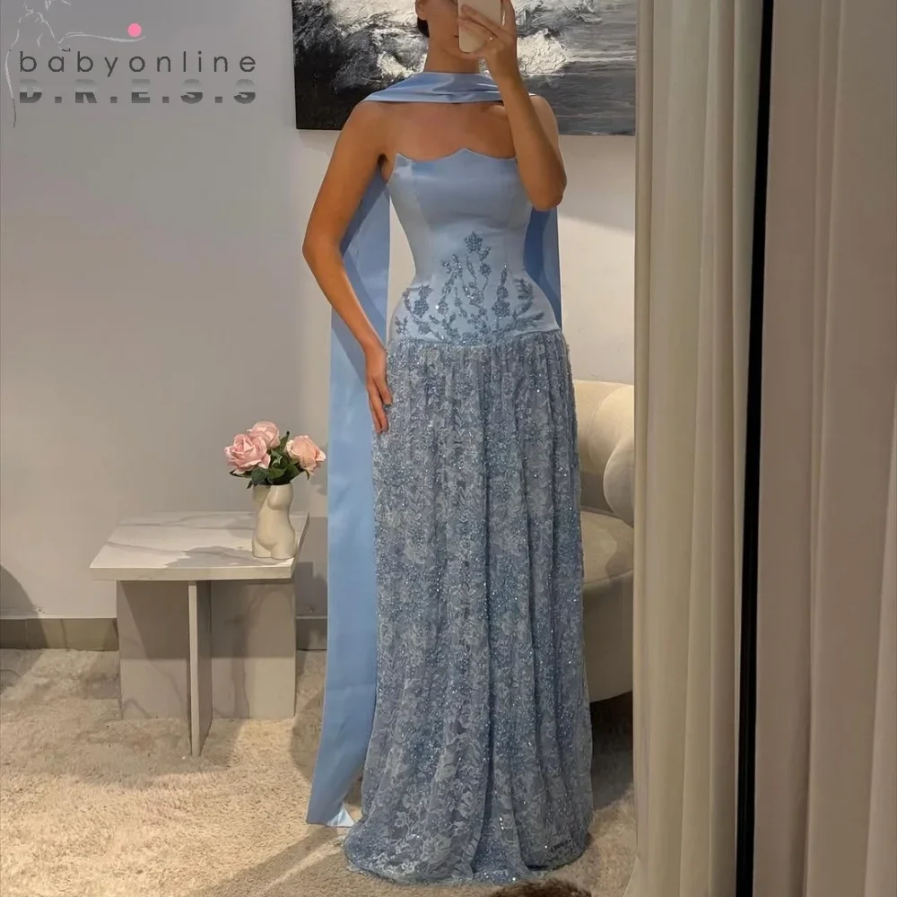 BABYONLINE فساتين سهرة مخصصة مزينة بالدانتيل الساتان للنساء بدون حمالات حورية البحر فساتين شال طويل