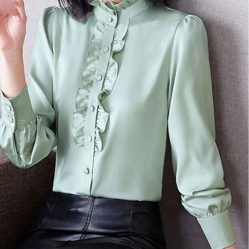 Office Lady Ruffled Neck Long Sleeve Blouse Spring Autumn Silk Edible Tree Fungus Chic Single-breasted Korean All-match Shirt