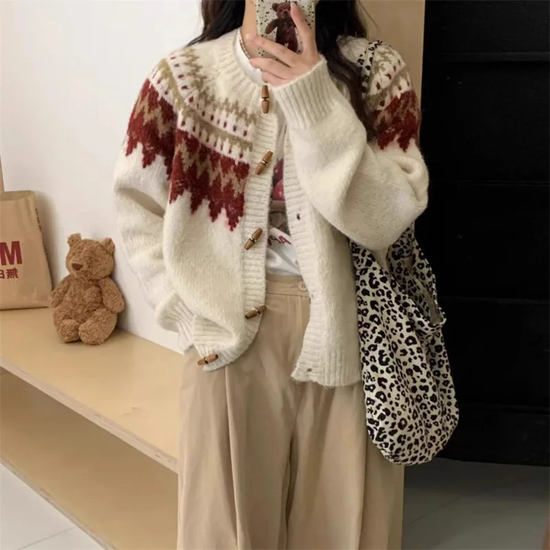 2024 Women\'s Autumn and Winter New Knitted Cardigan Retro Ethnic Style Jacquard Loose round Neck Sweater