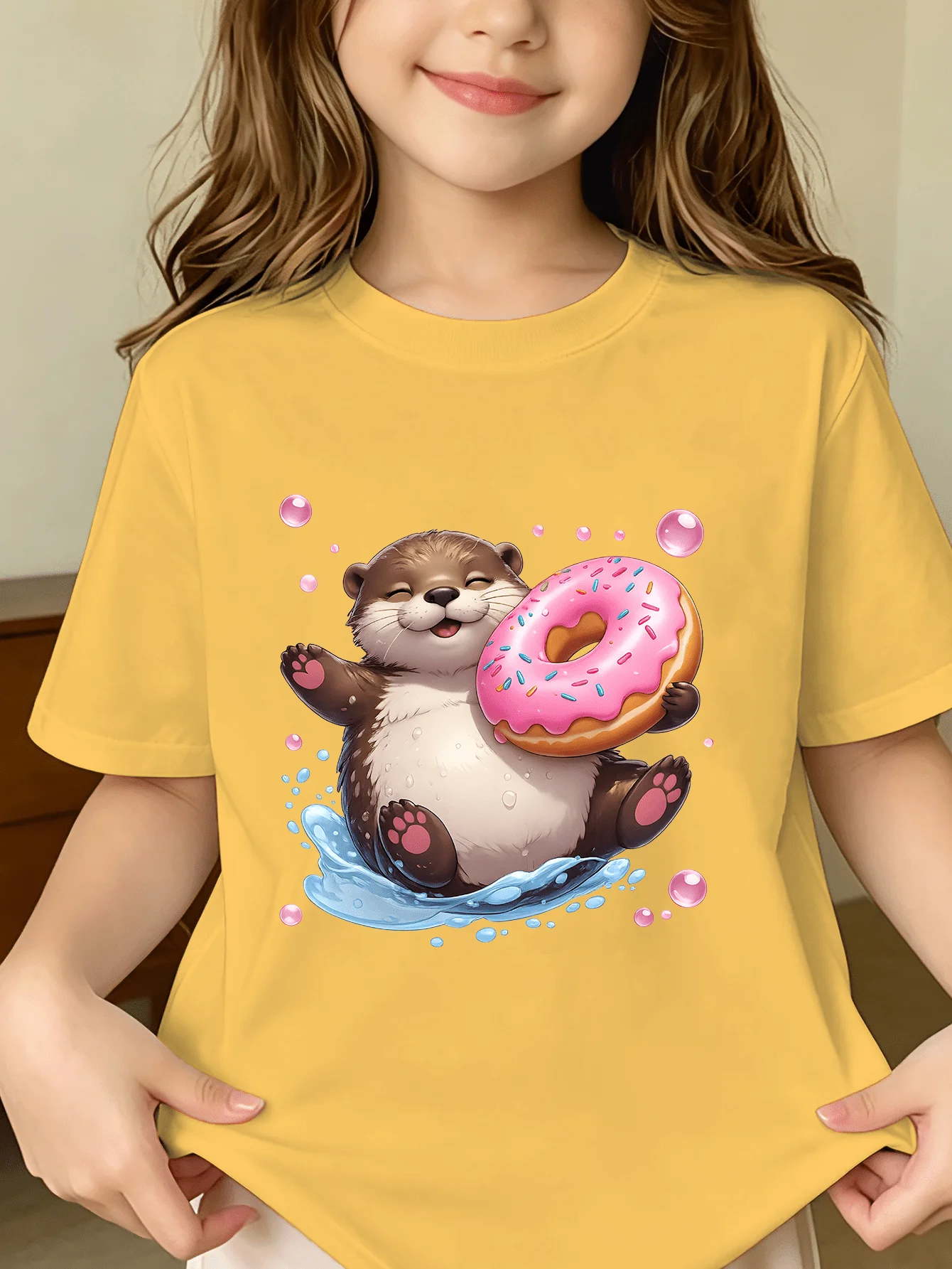 Cute Otter Donut Tee Cartoon Animal Graphic Print Boys Girls Family Matching Cotton Summer Short Sleeve Basic Children Tshirt