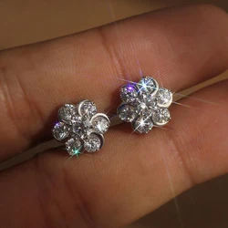 Huitan Dazzling Cubic Zirconia Stud Earrings Women Crystal Flower Ear Piercing Accessories Daily Wear Fashion Versatile Jewelry