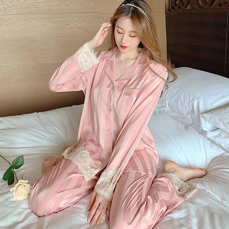 Silk Pajamas for Women Spring Pijama Ice Silk Long Sleeve and Medium Sleeve Sexy Sleepwear Stripe Lace Splicing Fashion 2pcs
