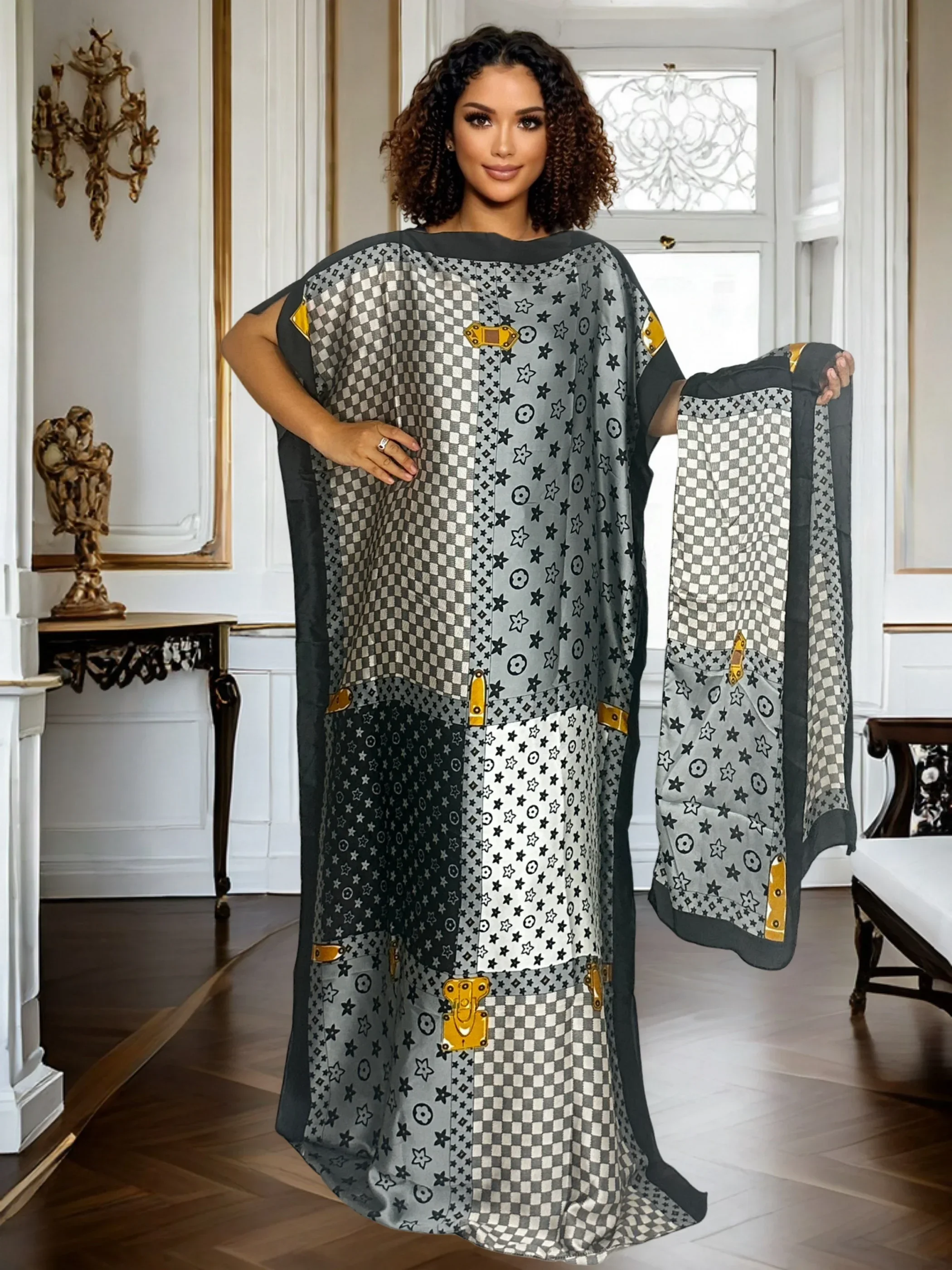Women S Elegant Casual Evening Dashiki Maxi Dress with Scarf Fashionable Gown with LV Print Pattern for Special Occasions