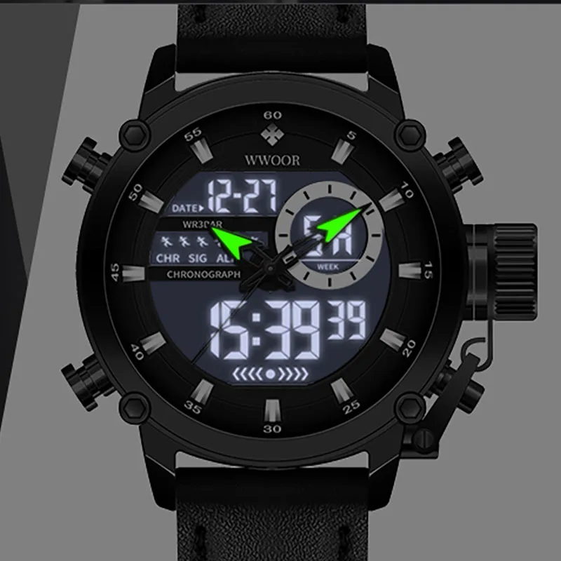 WWOOR Men's Sports Military Watches LED Electronic Quartz Dual Display Watch Male Waterproof Leather Watch For Men Reloj Hombre