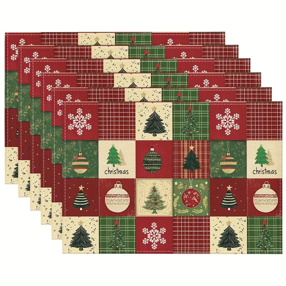 4/6/8pc Christmas Patchwork Quilt Block Linen Placemats Folk Art Holiday Kitchen Dining Table Decor Charming Addition To Holiday