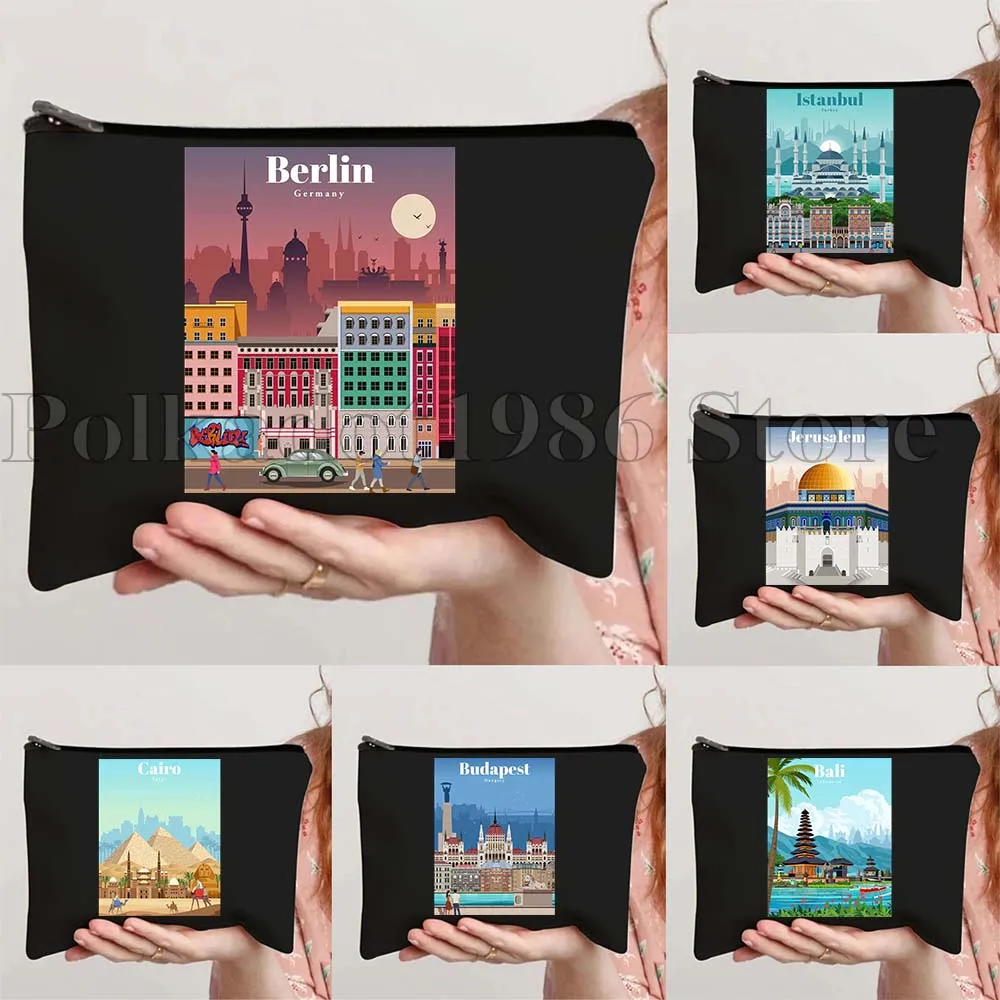 

Athens Bali Bangkok Barcelona Istanbul Berlin Bruges Budapest Cairo Jerusalem Canvas Cosmetic Bags Makeup Toilet Bag Case Pouch