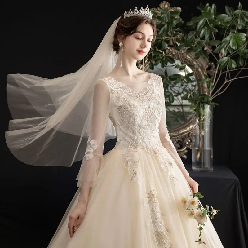 Bridal wedding dress main wedding dress bridal luxury nursing champagne vintage long sleeve simple floor-length wedding dress