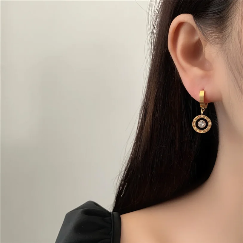 316L Stainless Steel New Fashion Fine High-end Jewelry Zircon Roman Numerals Round  Circle Studs Earrings For Women oorbellen