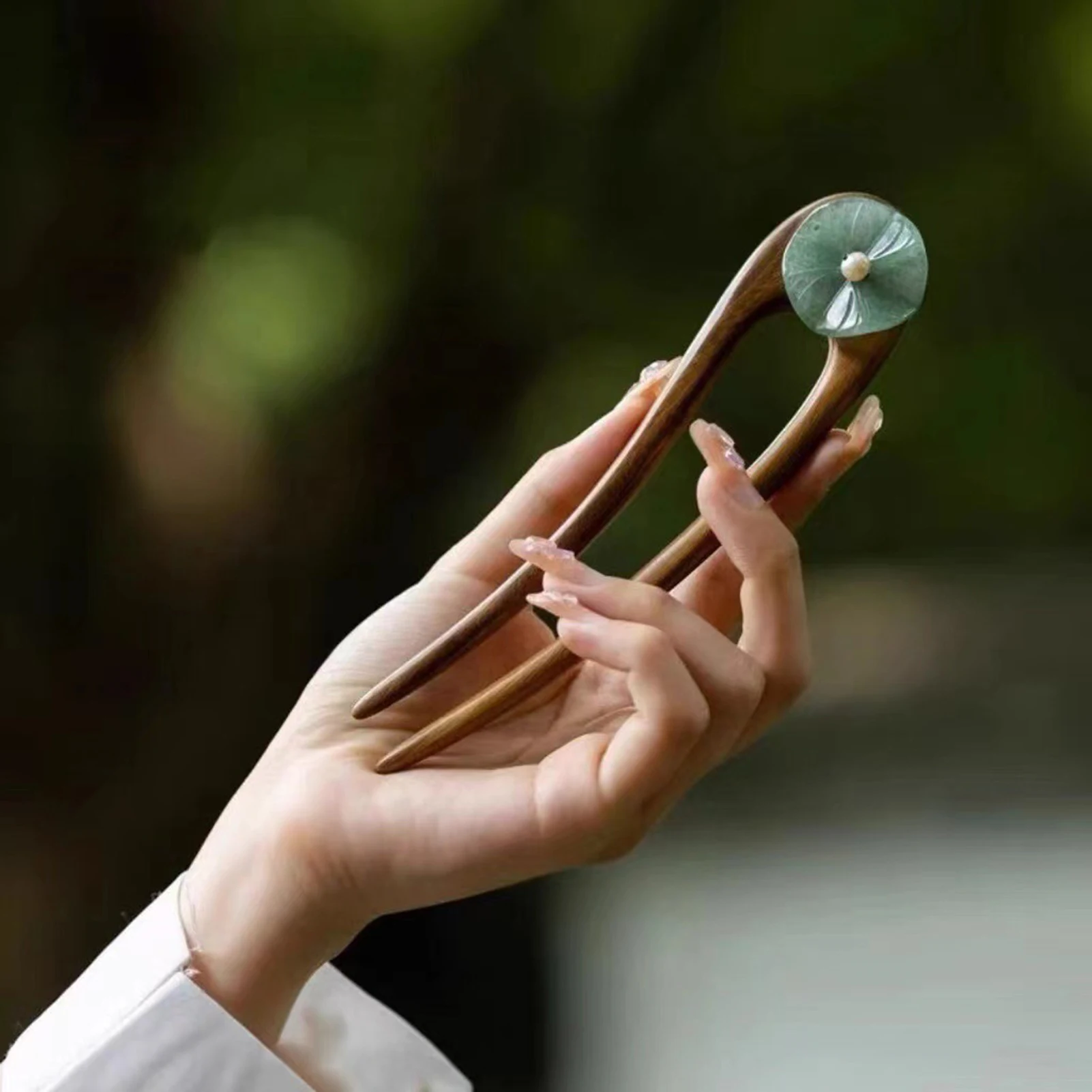U Shape Simple Women\'s Hairpin New Chinese Style Jade Lotus Leaf Wooden Hair Stick Elegant Vintage Hanfu Hair Accessories
