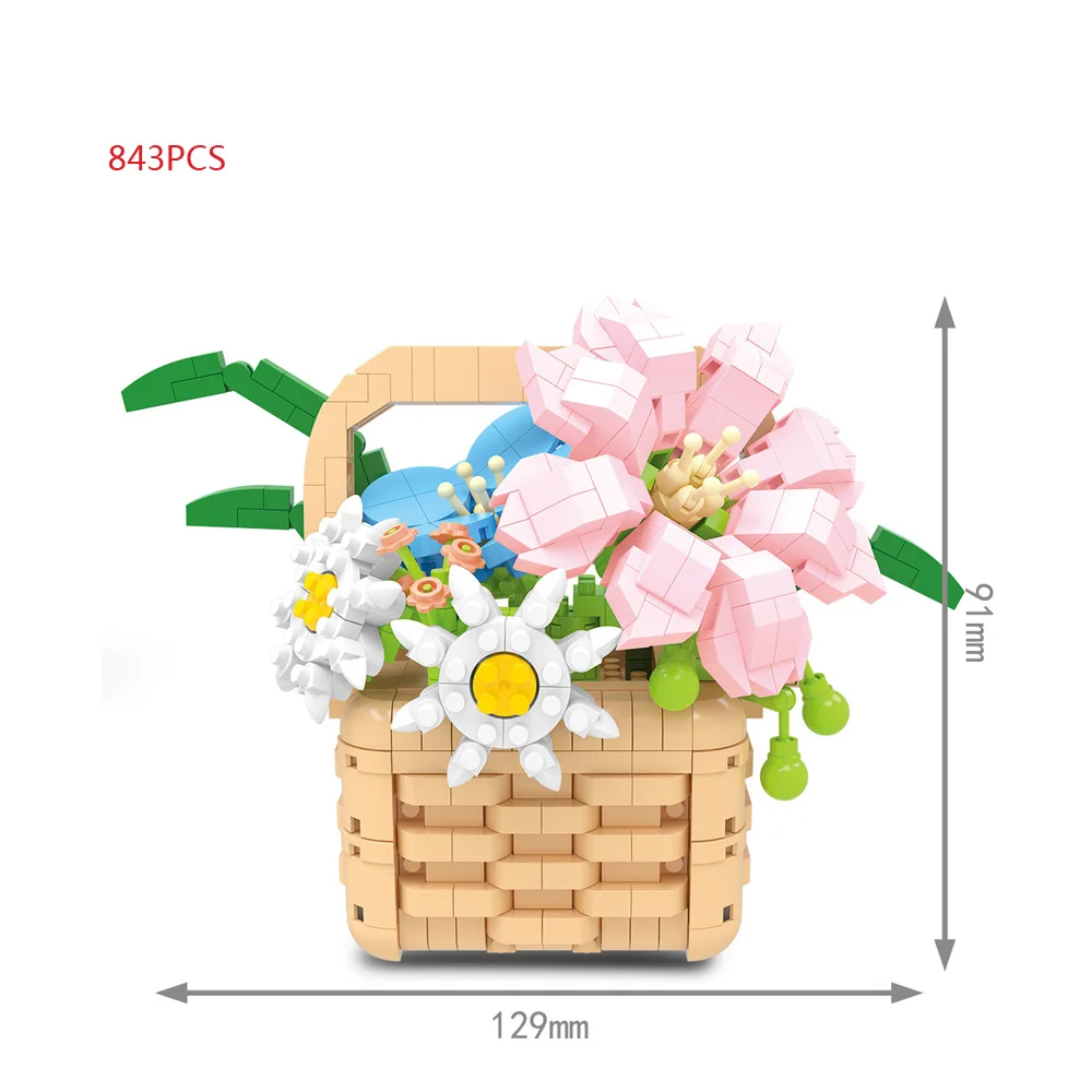 Home Furnishing Building Brick Sunflower Rose Chrysanthemum Mini Block Flower Basket Assemble Toys Construction For Girl Gift