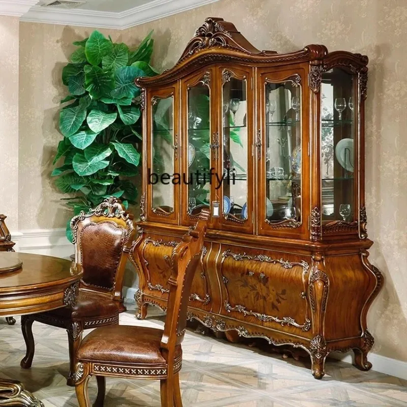 C85 European-Style Solid Wood Tea and Wine Cabinet American Curved Glass Door Wall Wine Cupboard Buffet