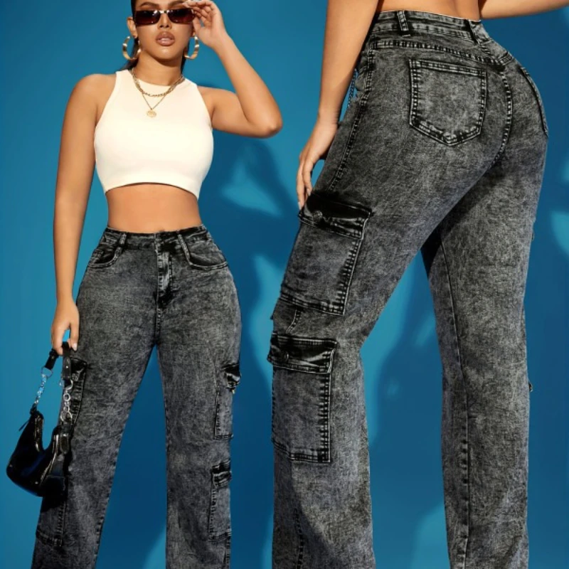 Women's Cargo Jeans High Stretch Multi Pocket Techwear Utility Washed Denim Vintage Streetwear Baggy Casual Pants Autumn Spring