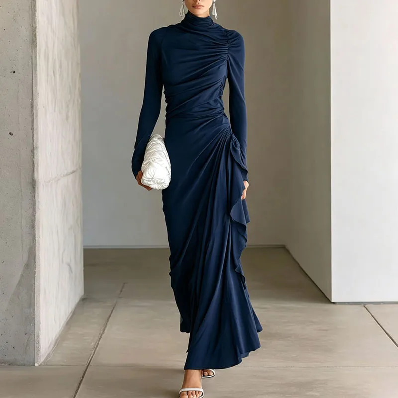 Women Solid Turtleneck Maxi Dress Long Sleeve Ruched Draped Ruffle Bodycon Dress Elegant Evening Party Guest Formal Long Dresses