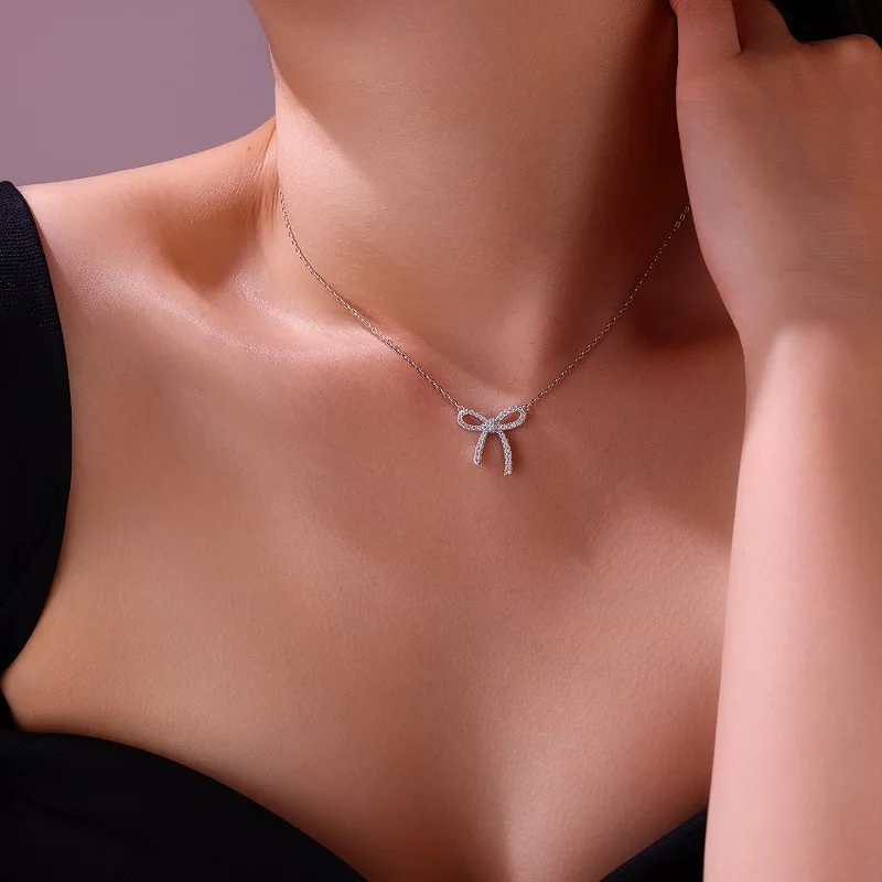 

M-JAJA Moissanite Bow Pendant Necklace Diamond Chain 18K Gold Plated S925 Sterling Silver Choker Necklace for Women Fine Jewelry