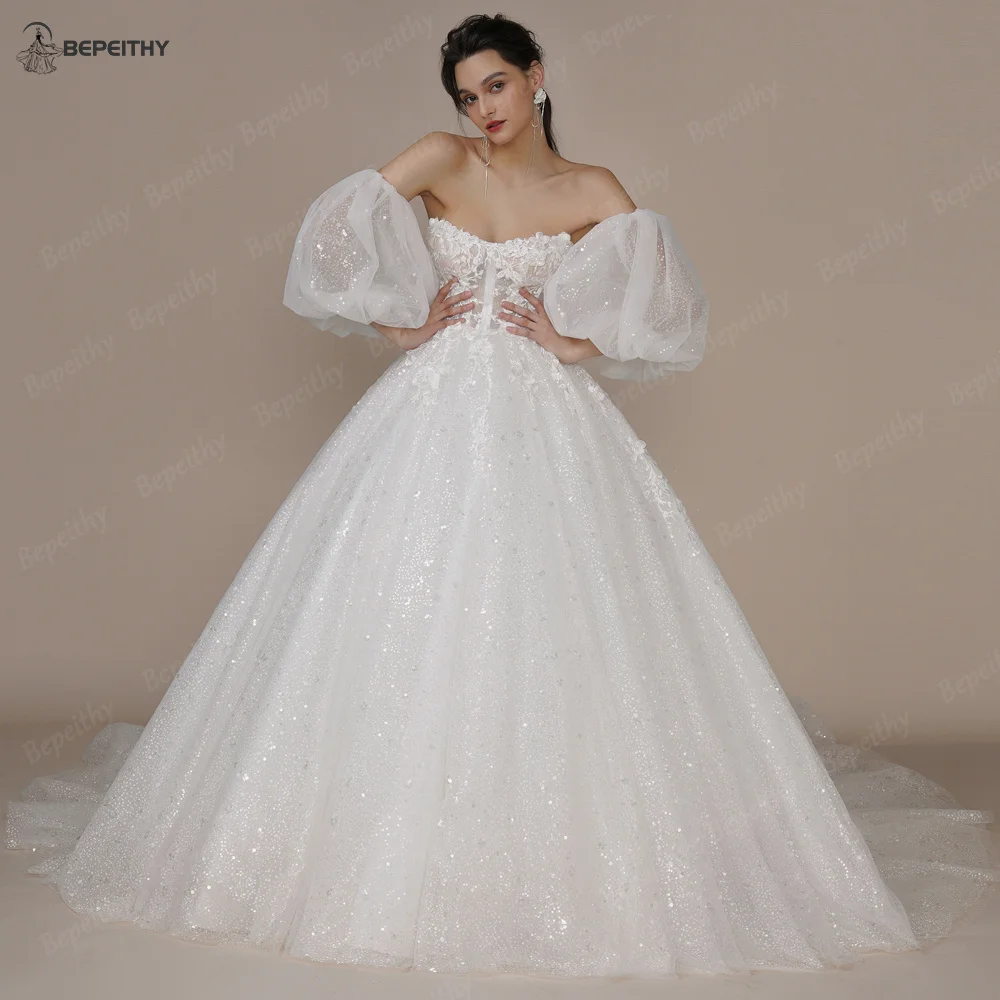 BEPEITHY Customized Princess Strapless Ivory Glitter Wedding Dress 2023 For Women Court Train Bride 3D Flower Shinny Bridal Gown