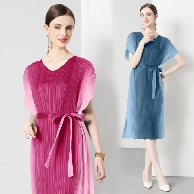 Miyake Pleated Summer Commuting Multicolor Elegant Gradient Dress French Age-reducing Lace-up Slim A-line Skirt Summer V-neck