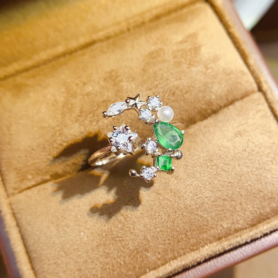 S925 Silver Emerald Ring, 4x6mm Star & Moon Motif, Celestial Jewelry with Certificate for Gift & Daily Magic