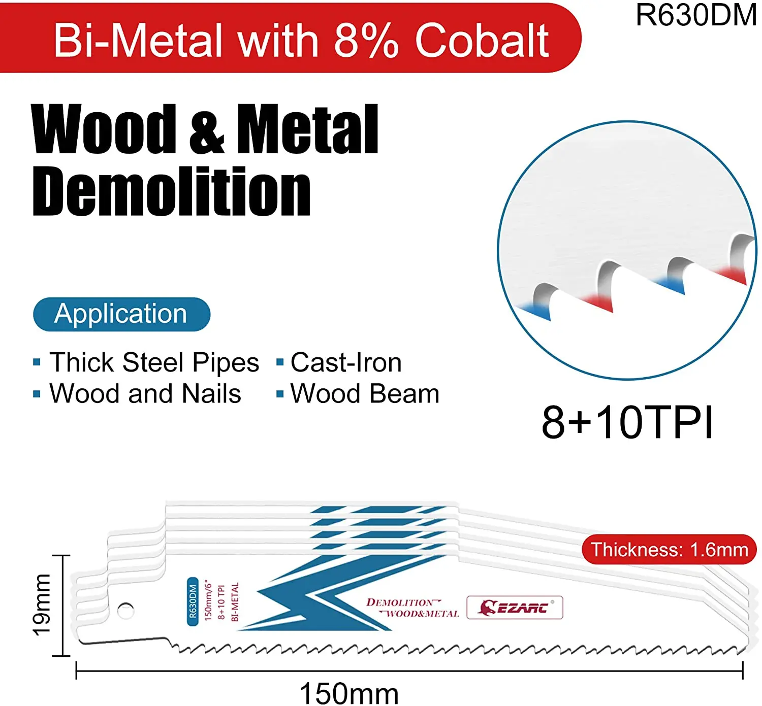 Lame per sega alternativa da 6 pollici 18TPI per metallo sottile 5 pezzi Lame da taglio a sciabola di cobalto bimetallico da 150 mm R622PT Utensili da taglio per metalli