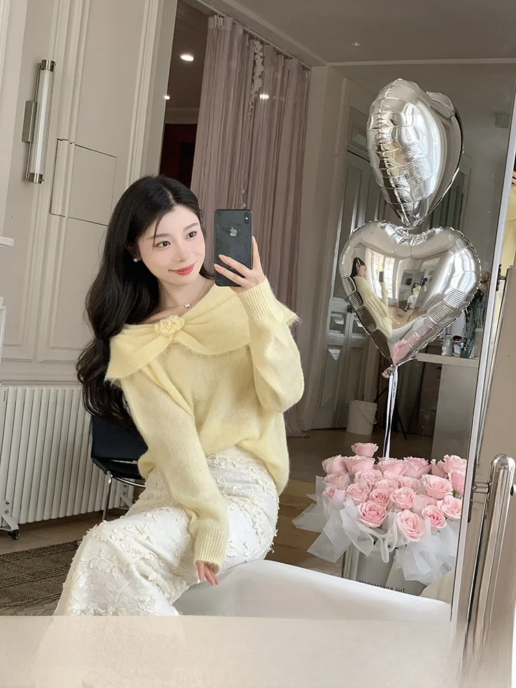 

Soft Woolen Alpaca Sweater High Proportion Flowers Women's Knittedwear Gentle Sle Comfortable Fit Long Sve Crew Ne