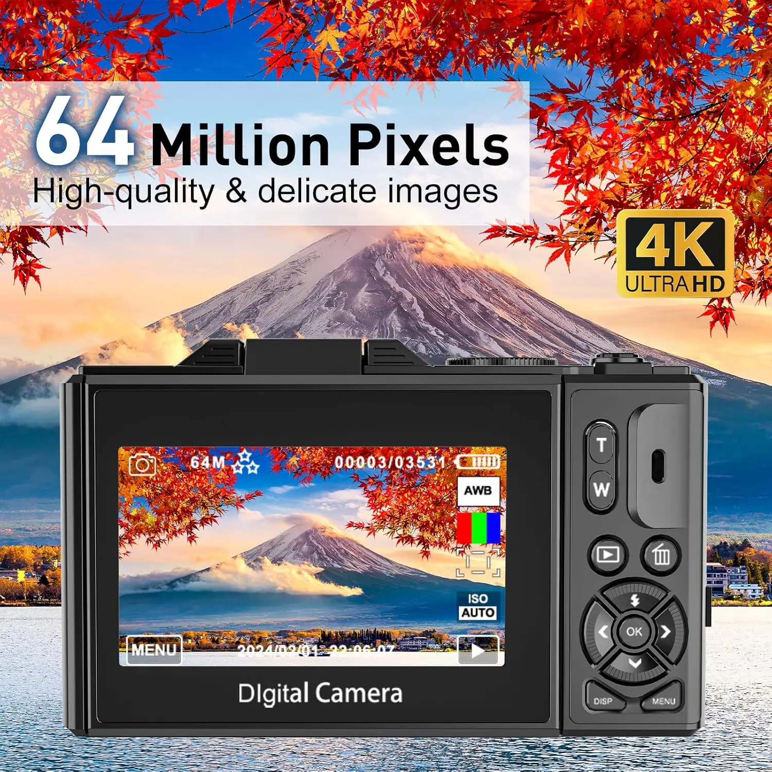 كاميرا تصوير رقمية مدمجة 64 ميجابكسل 4K 18X تكبير رقمي عتيق مسجل فيديو مدونة فيديو يوتيوب 3 بوصة كاميرا ويب ذات شاشة قابلة للطي
