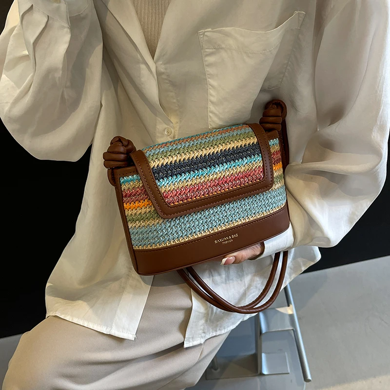 Colorful Striped Woven Pattern Women's Bag 2024 Summer Luxury Brand Pu Leather Handbags Small Shoulder Crossbody Bags For Ladys