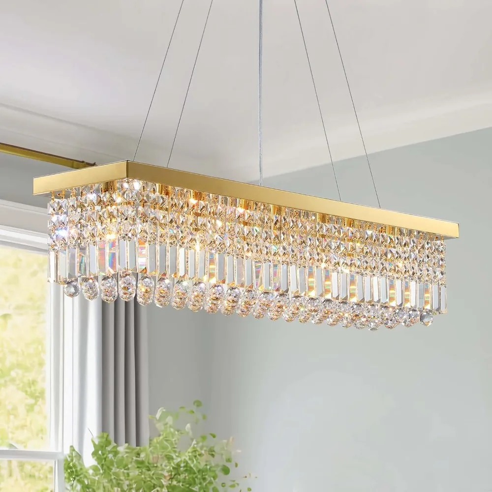 

Rectangle K9 Crystal Chandelier Modern Gold Crystal Chandelier Rectangular Pendant Lighting Fixture for Dining Room Kitchen