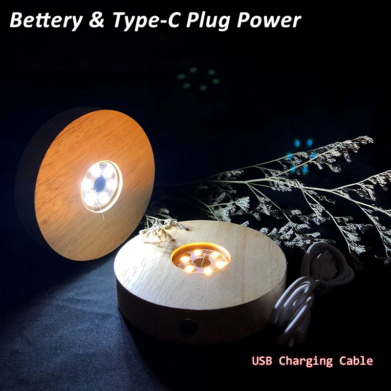 8 سنتيمتر قاعدة إضاءة خشبية صلبة مستديرة LED ضوء الليل الخشبي RGB و 3 ألوان الصلبة كريستال الكرة قاعدة بطاريات المصباح بالطاقة اللاسلكية