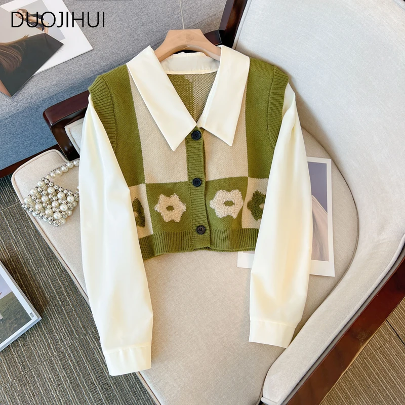 DUOJIHUI Fake Two Piece Knitting Sweet Female Cardigan Autumn New Basic Long Sleeve Simple Contrast Color Fashion Women Cardigan