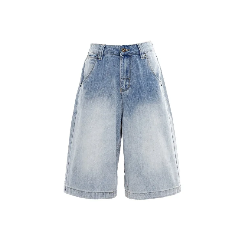 Retro Streetwear Women Light Wash Denim Capri Shorts Back Button Adjustable Waist Loose Wide Leg Baggy Casual Ladies Bottoms