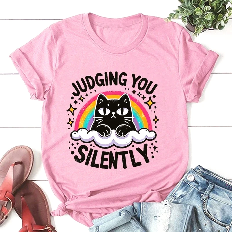 새로운 고양이가 당신을 판단합니다 여성용 캐주얼 개성 라운드넥 반팔 패션 티셔츠 여성 캐주얼 의류
