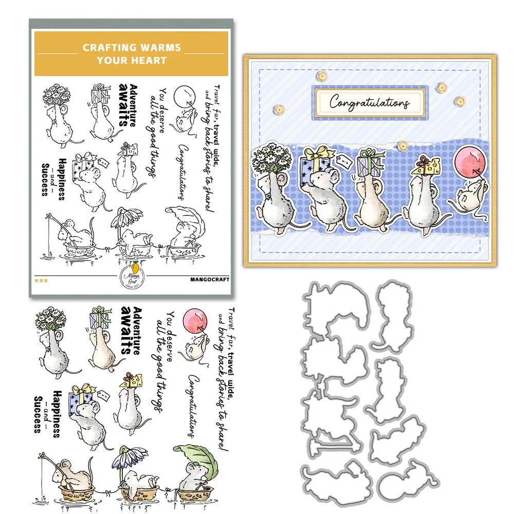 Mangocraft Cute Cartoon Mouse In Line Cutting Dies Clear Stamp DIY Scrapbooking Metal Dies Silicone Stamp For Cards Albums Decor