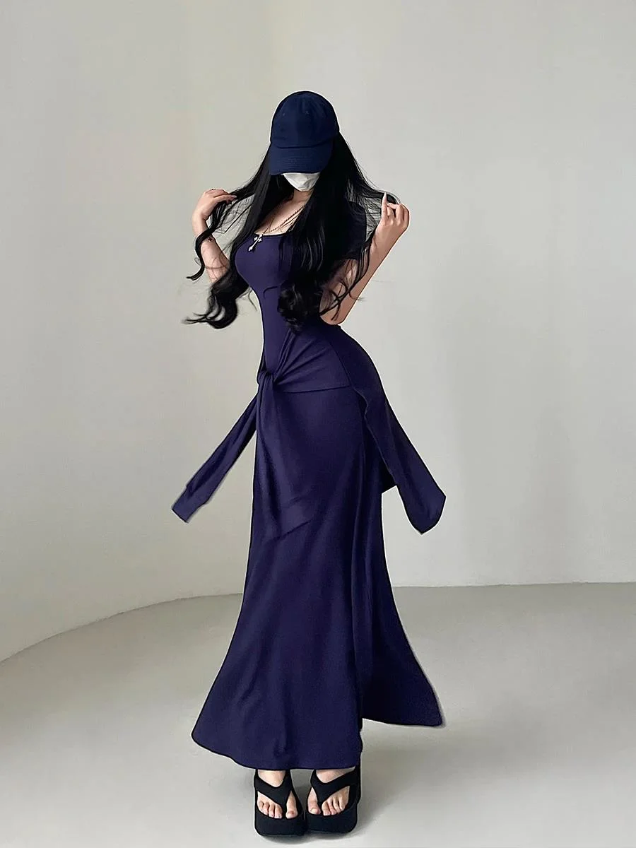 Pure Desire Sexy U Neck Fake Two Piece Strap Up Waist Short Sleeve Dress Elegant Long Dress Sweet Fashion Sexy Women CL30