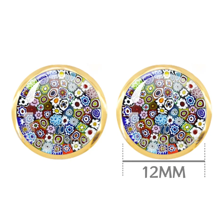 Murano Millefiori Countless Flowers Earring Rotundity 12MM Glass Cabochon Earring Glass Retro Jewelry Gifts