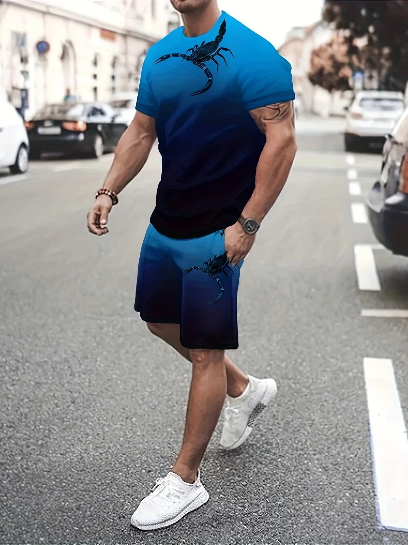 

2025 new European and American new 3D digital printing quick-drying men's casual crew neck T-shirt short-sleeved shorts set
