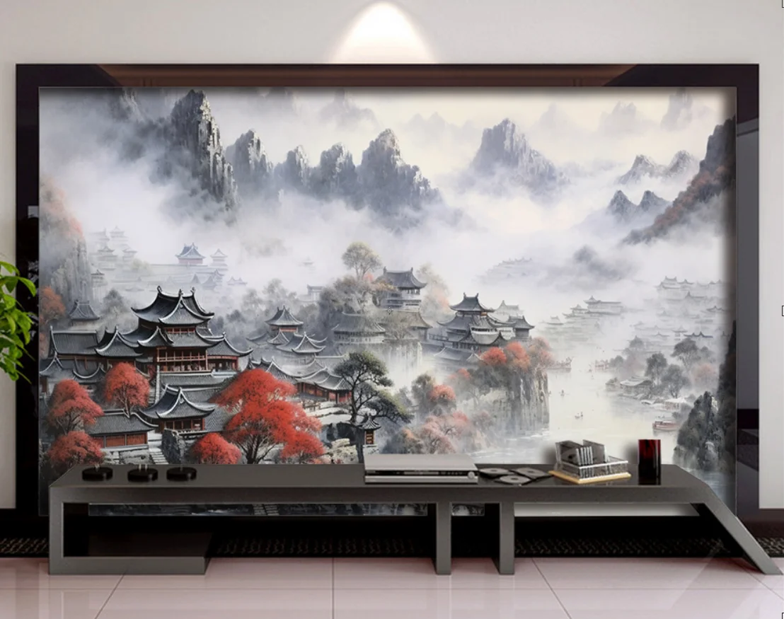home decoration wallpaper Jiangnan Water Village Chinese TV sofa background Custom large self-adhesive material mural