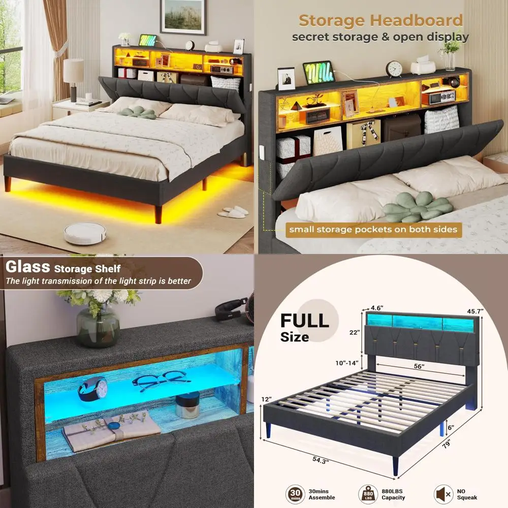 Upholstered LED Lighted Storage Bed Frame with Outlets and USB Ports - Full Size Bed Platform with Headboard