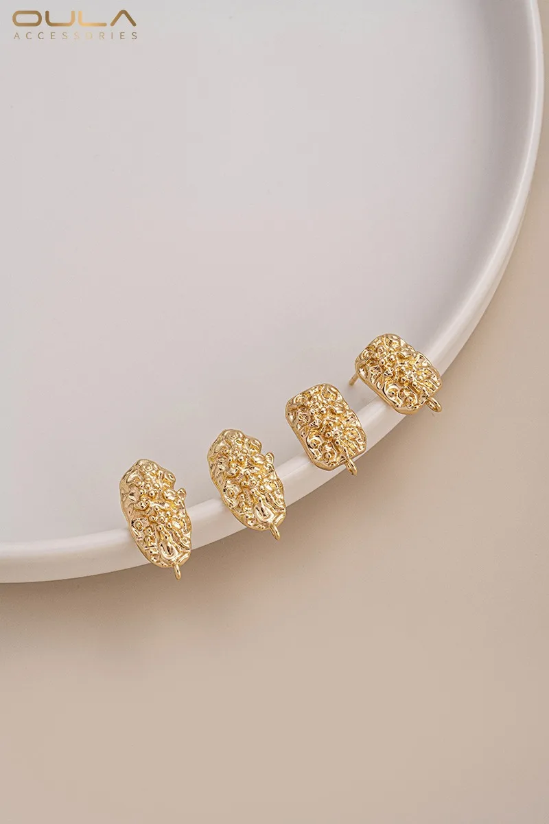 

14K Gold-plated Irregular Rectangular Elliptical Carved with Hanging Stud Earrings 925 Silver Needle Diy Earrings Accessories