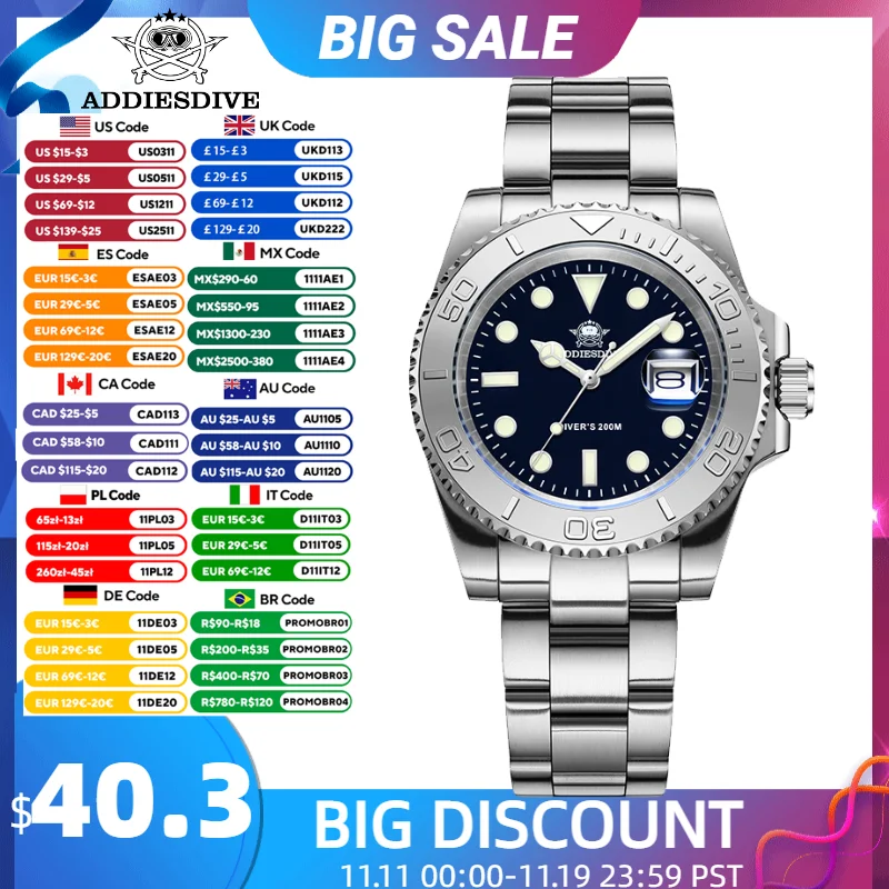 

Новинка, модные мужские часы ADDIESDIVE, Роскошные Кварцевые часы, стальные спортивные наручные часы для мужчин, спортивные светящиеся часы для дайвинга c3 200 м