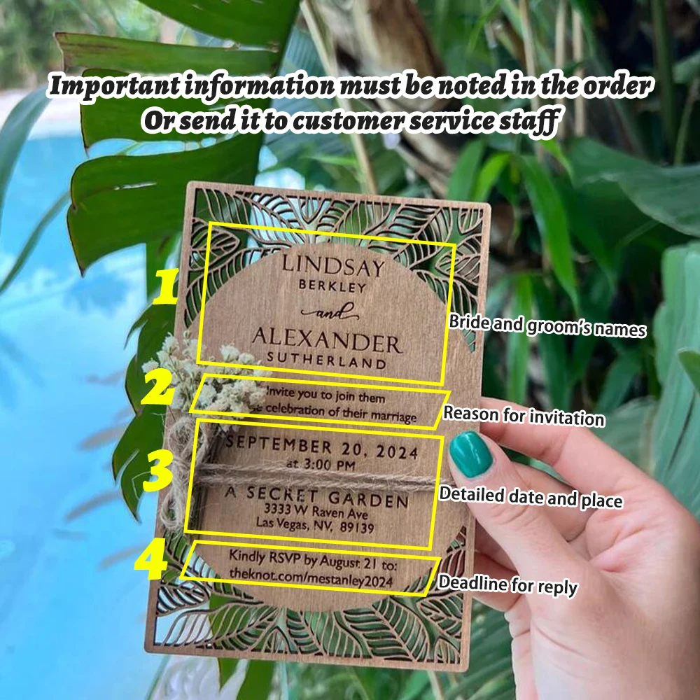 Imagem -02 - Convites de Madeira de Casamento Personalizado Convites Gravados a Laser do Partido Floral Tropical Praia 10 Pcs