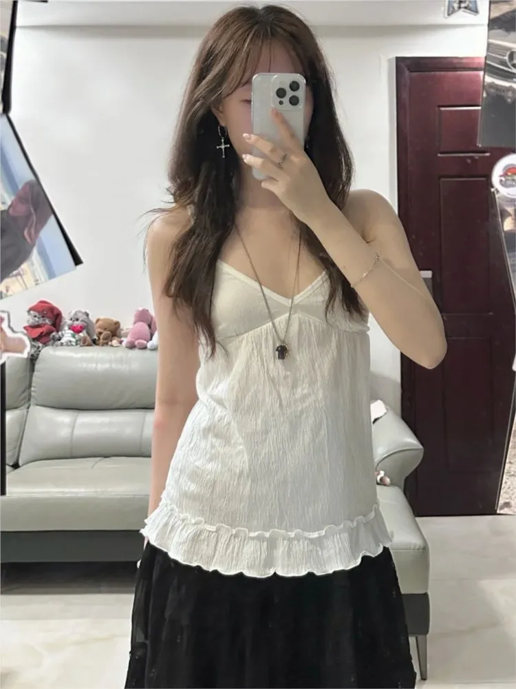 

Sexy V-neck White Texture Ruffles Hem Woman's Camisole Summer Backless Cotton Tank Tops Female Sweet Simple Slim Long Camis Y2k