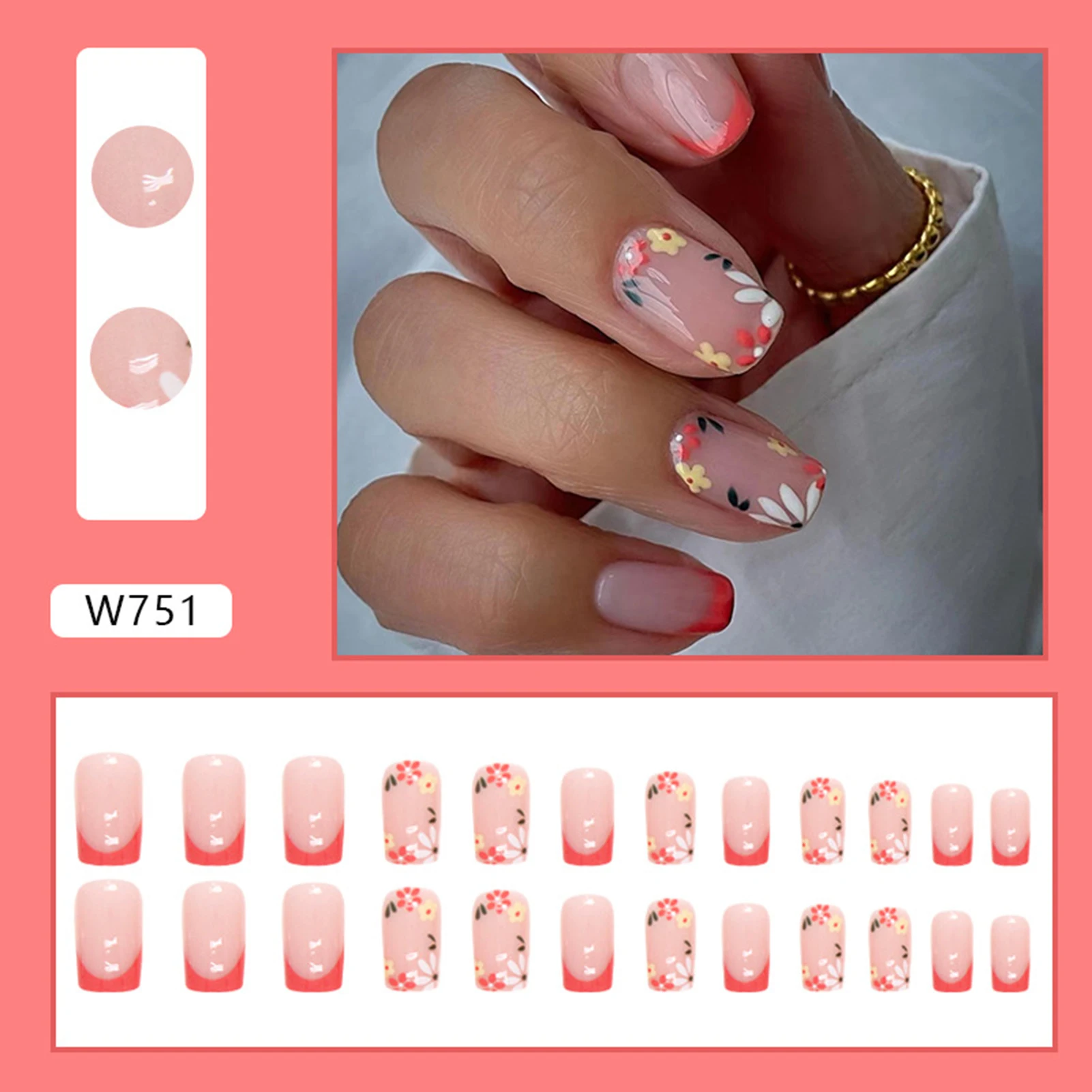 Flower Printed Glossy Pink False Nails Durable & Never Splitting Comfort Fake Nails for Stage Performance Wear