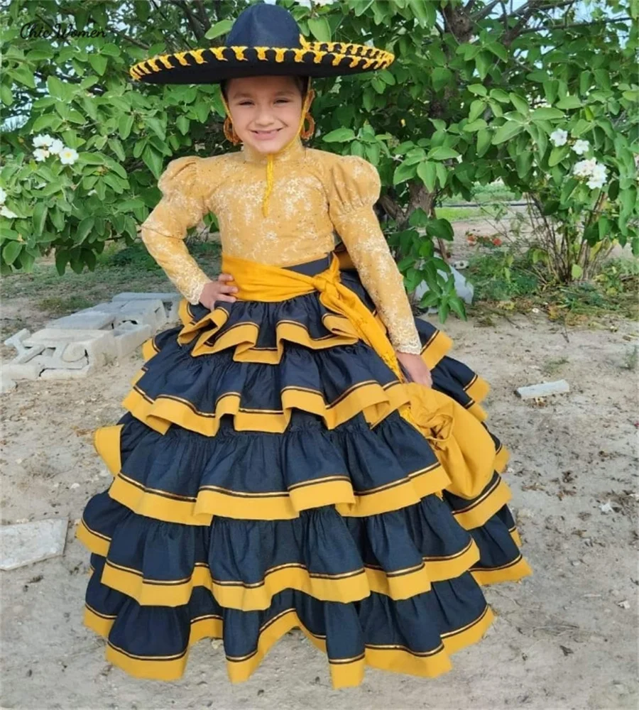 

Gorgeous Mexican Gold Flower Girls Dress A Line Long Sleeve Lace Princess Birthday Dress Mariachi Kids Pageant Party Customized