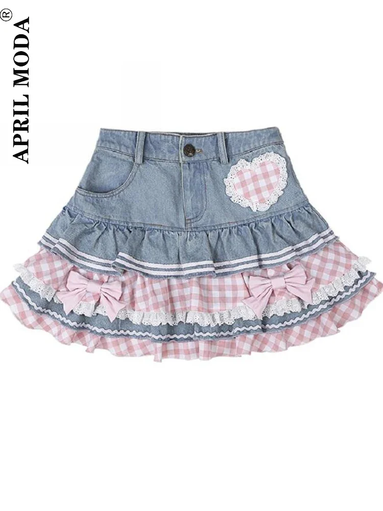 Preppy Style Lolita Kawaii Skirts Sweet Ball Gown Pleated Mini Women Denim Skirt Y2K High Waist Double Layer Ruffle Cake Skirts