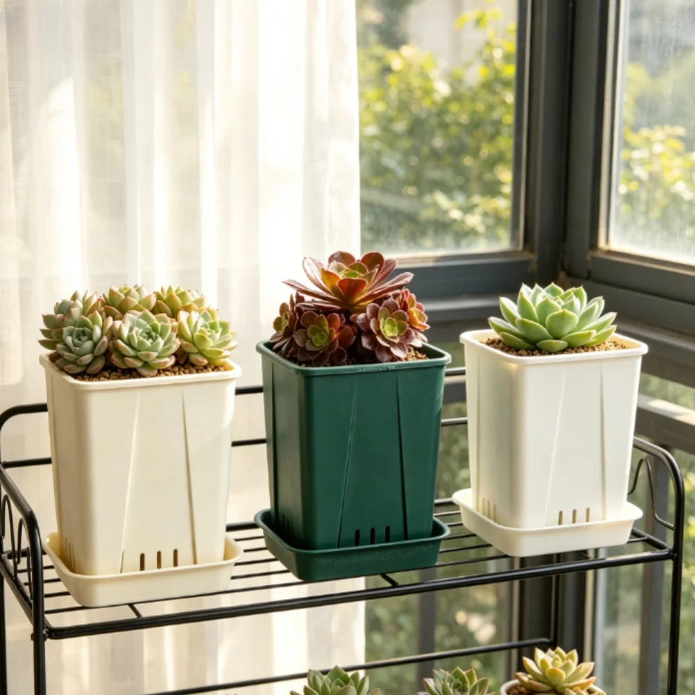 Thickened Plant Containers With Tray Square Plant Pot Breathable Bottom Design Thickened Pp Resin Crack Resistant Material