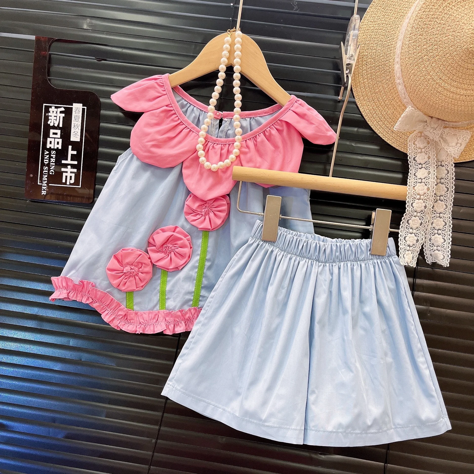 2025 Girls' Clothing Sets Summer New Rose Petal Collar Tank Top Shirt+Shorts Two Piece Set Kids Suits Baby Girl Outfit Set