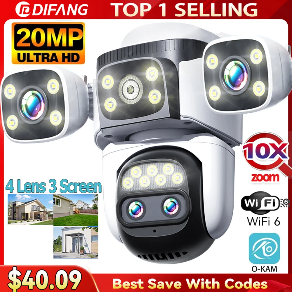 

10K 20MP Four Screen Home Security WiFi Camera 360° PTZ 10X Zoom CCTV Wireless Surveillance IP Cam Security Protection Video Cam