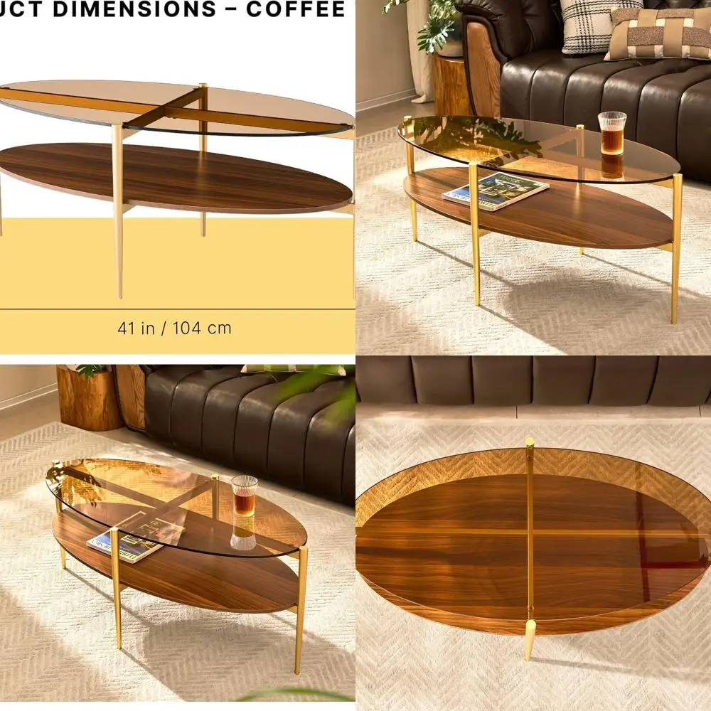 طاولة قهوة زجاجية بيضاوية الشكل من منتصف القرن بأرجل ذهبية وسطح كهرماني على رف الجوز #1