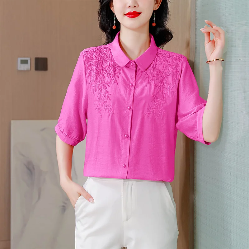 Women Fashion Vintage Embroidered Button Up Shirt 2024 Summer Elegant Cotton Linen Blouse Female Casual Short Sleeve Loose Tops